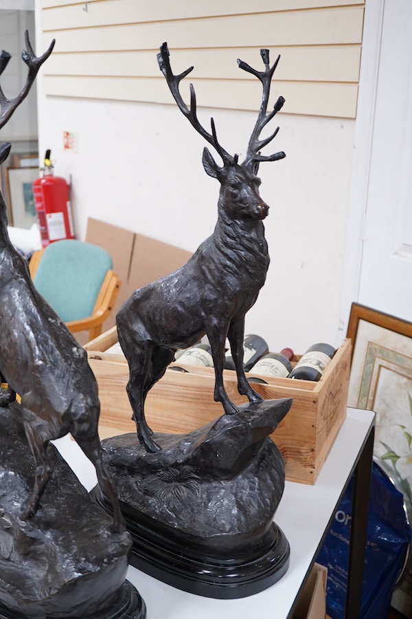 After Jules Moigniez (French, 1835-1894), a pair of anamalier bronze figures of stags, signed, 73cm high